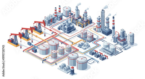 Isometric vector illustration displaying a petroleum refinery operation with multiple oil processing units and pipelines against a white background, rendered in a clean, modern design