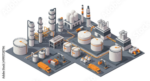 Isometric vector art depicting an oil processing operation with a petroleum refinery industry concept, showcasing tanks and industrial structures connected by pipelines against a clean