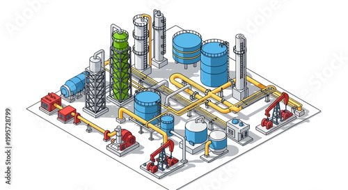 Isometric vector illustration showcasing a petroleum refinery industry concept, with blue tanks and pipelines displayed on a white background, creating a clean and modern industrial layout