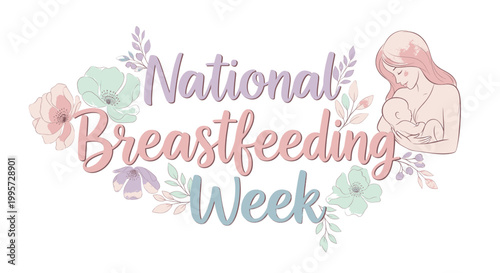 Mother breastfeeding newborn baby in floral frame design for awareness