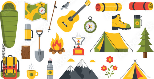Camping Gear and Outdoor Adventure Tools Illustration with Tent, Map, Backpack, Hiking Boots, and Firepit Elements