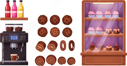 Vector illustration of a coffee machine, cookies, chocolates, and a cupcake display case, perfect for café and bakery designs