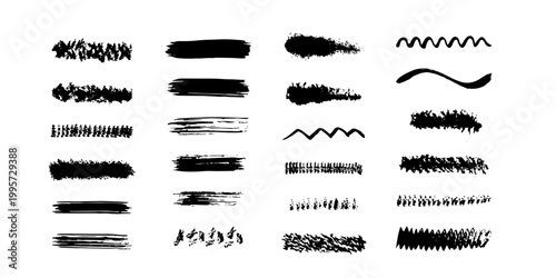 Set of black brush strokes and ink marks in grunge style, hand drawn artistic elements with rough texture isolated on white background