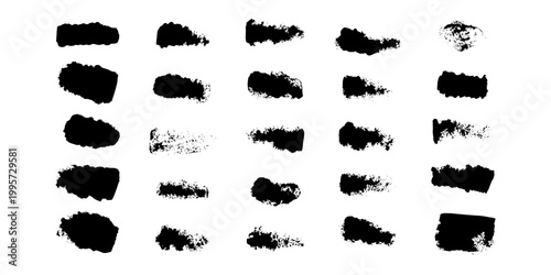 A set of black strokes and spots simulating the rough texture of ink, isolated on a white background, for use as design elements