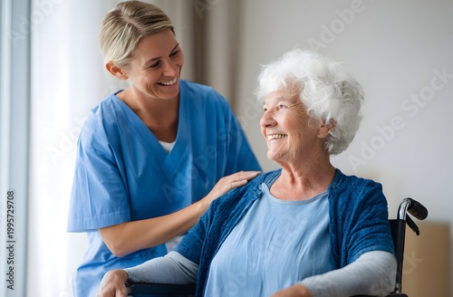 Smiling Nurse and Elderly Woman in Wheelchair Sharing a Moment of Joy.