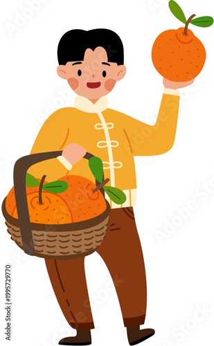 Man carries a basket of oranges and holds one up