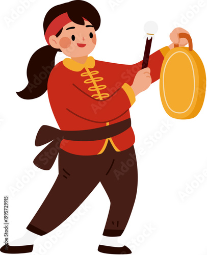 Girl holds a golden gong