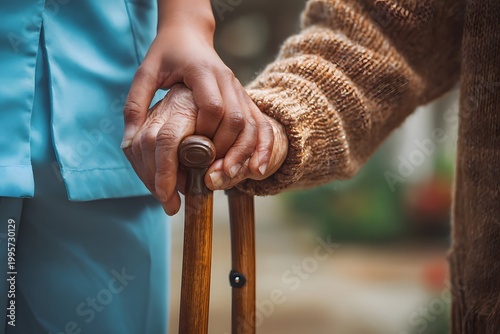 Caring Hand Supporting Elderly Person with Walking Cane for Assistance.