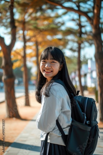 College Girl with Backpack Ready for Study at University Campus Photo. Fictional Character Created By Generative AI