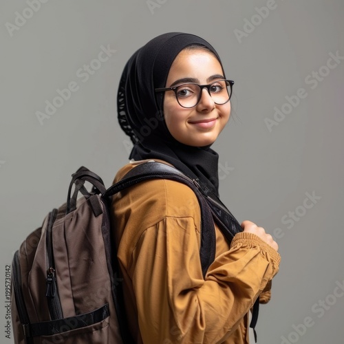 College Girl with Backpack Ready for Study at University Campus Photo. Fictional Character Created By Generative AI
