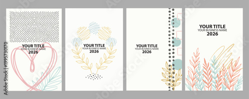 A collection of four minimalist hand drawn journal and notebook cover templates in soft colors