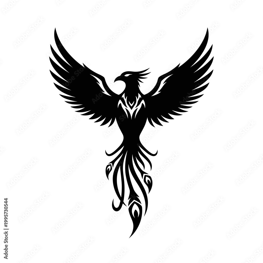 Fototapeta premium Mythical Phoenix Bird Silhouette, Fiery Spirit, Rebirth Symbol, Black and White