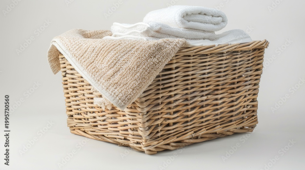 Obraz premium Wicker laundry basket with folded towels, perfect for tidy laundry storage and household cleanliness