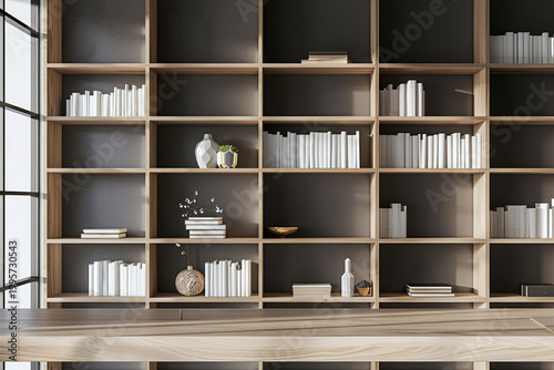 Light wood bookshelf wall with white books, vases and calm symmetrical styling. Refined bookcase backdrop for office visuals, product mockups and remote calls.