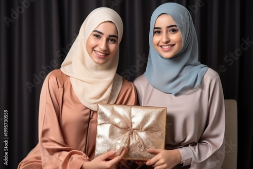 Eid Mubarak Muslim Sisters in Hijab Holding Gift Box Portrait for Islamic Festival Celebration Photo. Fictional Character Created By Generative AI