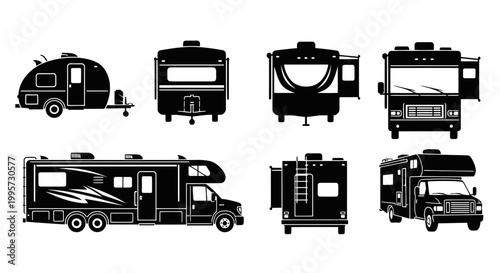 RV Camper Icons Set: Travel Trailers, Motorhomes, Fifth Wheel, and Teardrop