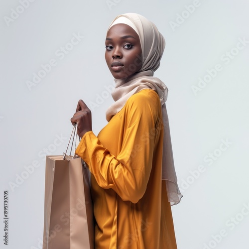 Eid Shopping African Muslim Woman in Hijab Holding Carry Bag for Festive Season Sale Photo. Fictional Character Created By Generative AI