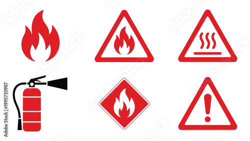 Set of red and black flat vector fire safety and hazard warning icons including flame extinguisher hot surface and caution symbols, modern safety compliance signage set, industrial emergency alert 