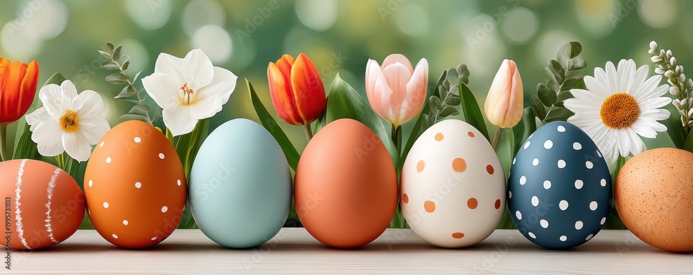 Fototapeta premium Colorful Easter eggs and spring flowers arranged on a wooden table with green bokeh background