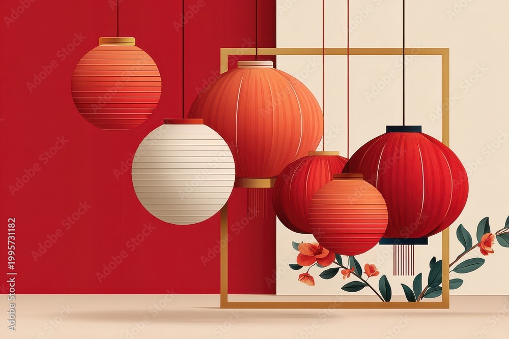 Fototapeta premium Chinese New Year lanterns and red celebration background with floral accents and gold frame
