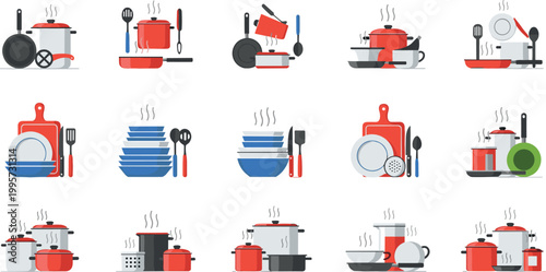 Kitchen cooking and dishwashing vector icon set with pots pans utensils plates and cleaning concepts flat illustration collection