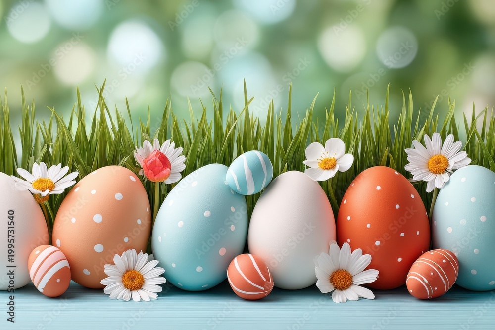 Fototapeta premium Pastel Easter eggs in grass with daisies and spring flowers on a soft bokeh background