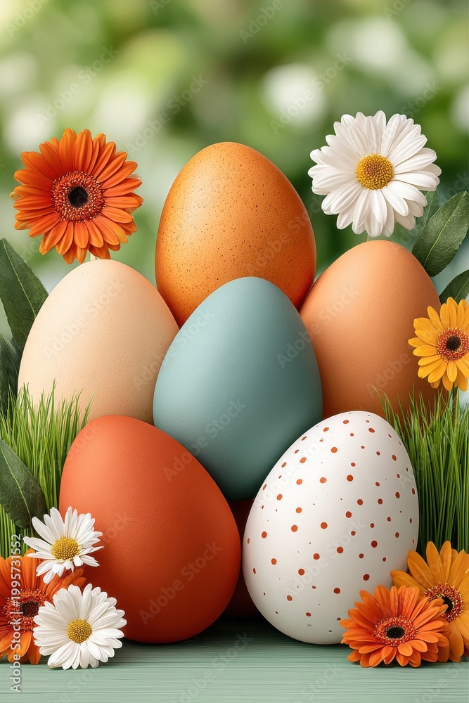 Fototapeta premium Easter eggs and spring flowers arranged on green grass background for festive seasonal celebration