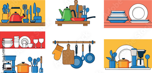 Kitchen utensils and cookware vector set with dishes cutting boards appliances and dishware colorful flat illustration collection