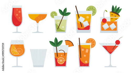 Canvas-taulu Colorful set of illustrated cocktail and mocktail glasses with tropical fruits a