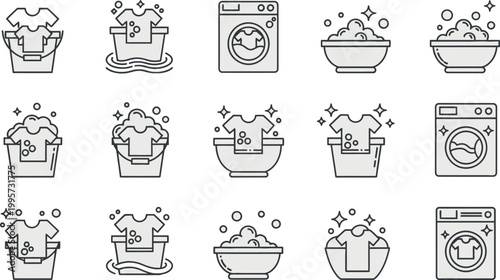 Laundry Line Icon Vector Set with Washing Machine Clothes Cleaning Symbols and Detergent Bubbles for Household Service Design, Minimal Outline Graphics, and UI Elements
