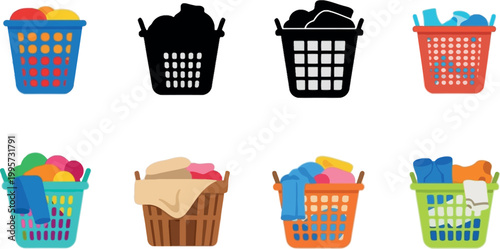Laundry Basket Icon Set with Filled Clothes, Silhouette Variations and Household Washing Containers for Home Cleaning and Organization Design