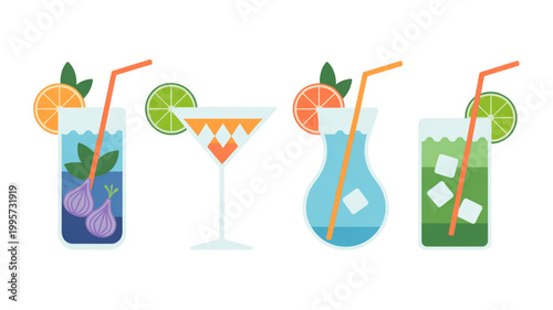 Colorful set of four drink glasses with cocktails and colorful liquids in a row Vector