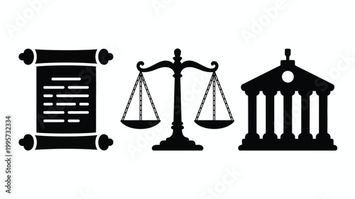 Minimalist graphic design featuring law symbols including a scroll balance scales and courthouse on white background