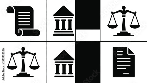 Justice and law icons set including scales court building and legal documents in black and white