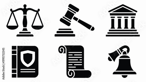 Vector illustration of law icons including scales gavel courthouse book scroll and bell on white background