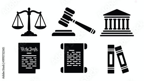 Vector illustration of law and justice symbols including scales gavel courthouse constitution and legal books on white background