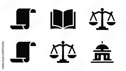Minimalist law icons set including scales book gavel and courthouse symbolizing justice and legal concepts