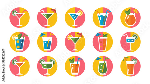 Colorful set of food icons with happy emoji faces in a circular arrangement Vector
