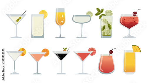 Set of colorful cocktail glasses with different drinks and garnishes Vector