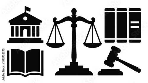 Law and justice symbols scales gavel books and courthouse silhouettes on white background
