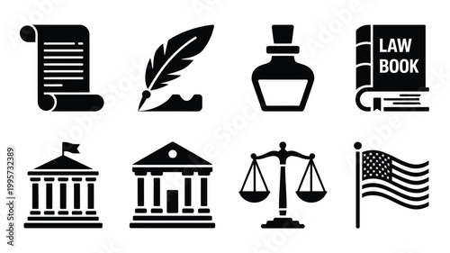 Vector bundle of constitution icons including law book scales and government building silhouettes on white background