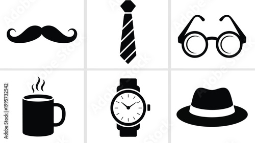 Vector graphic design featuring mustache tie glasses coffee mug watch and fedora hat on white background