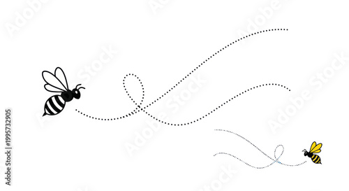 Cute cartoon bees flying with dotted lines, isolated on white background