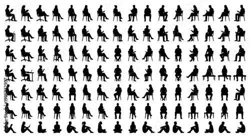 A large collection of human sitting silhouettes in vector style, black silhouettes