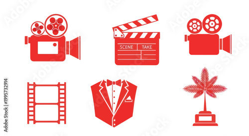 Film Icons: Vintage Camera, Clapperboard, Tuxedo, Film Reel, Trophy