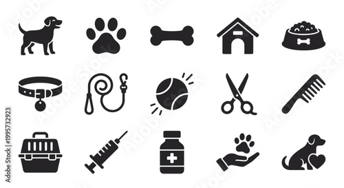 Dog icon set in solid black glyph style, featuring various dog and pet care elements