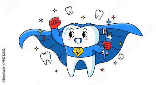 Superhero Tooth Character with Cape and Toothbrush, Dental Care Concept