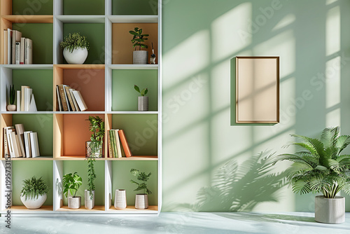 Modern cube style bookshelf with a vibrant color block palette and organic shapes. Stylish background setting for online work.