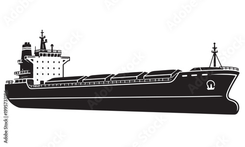 Bulk carrier ship silhouette, dry bulk vessel, ocean sea, vector isolated on white