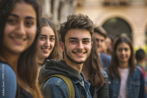 Happy Young Students Standing Together in College Campus. Fictional Character Created By Generative AI
